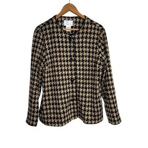 Susan Graver Womens Blazer Jacket Large Beige Black Houndstooth Button Mature